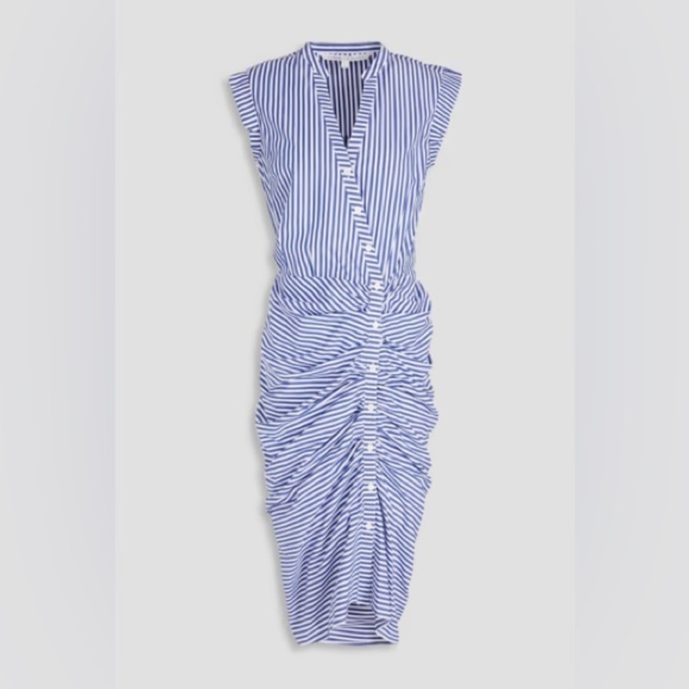 Veronica Beard Ruched Striped Cotton Shirt Dress Sleeveless Size 10 Blue EUC - Picture 3 of 13